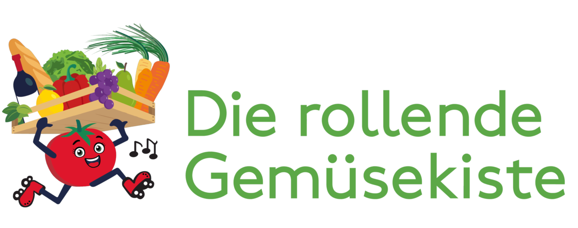Das Logo der rollenden Gemüsekiste zeigt eine Illustration einer Tomate auf Rollschuhen, welche eine Gemüsekiste trägt.
