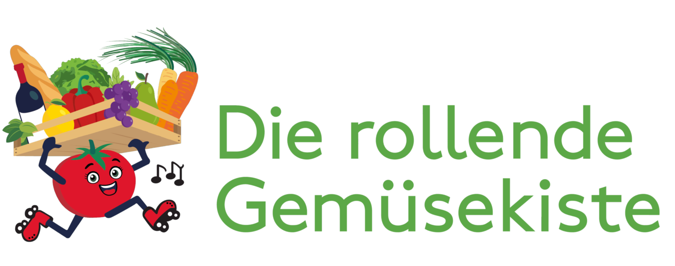 Das Logo der rollenden Gemüsekiste zeigt eine Illustration einer Tomate auf Rollschuhen, welche eine Gemüsekiste trägt.