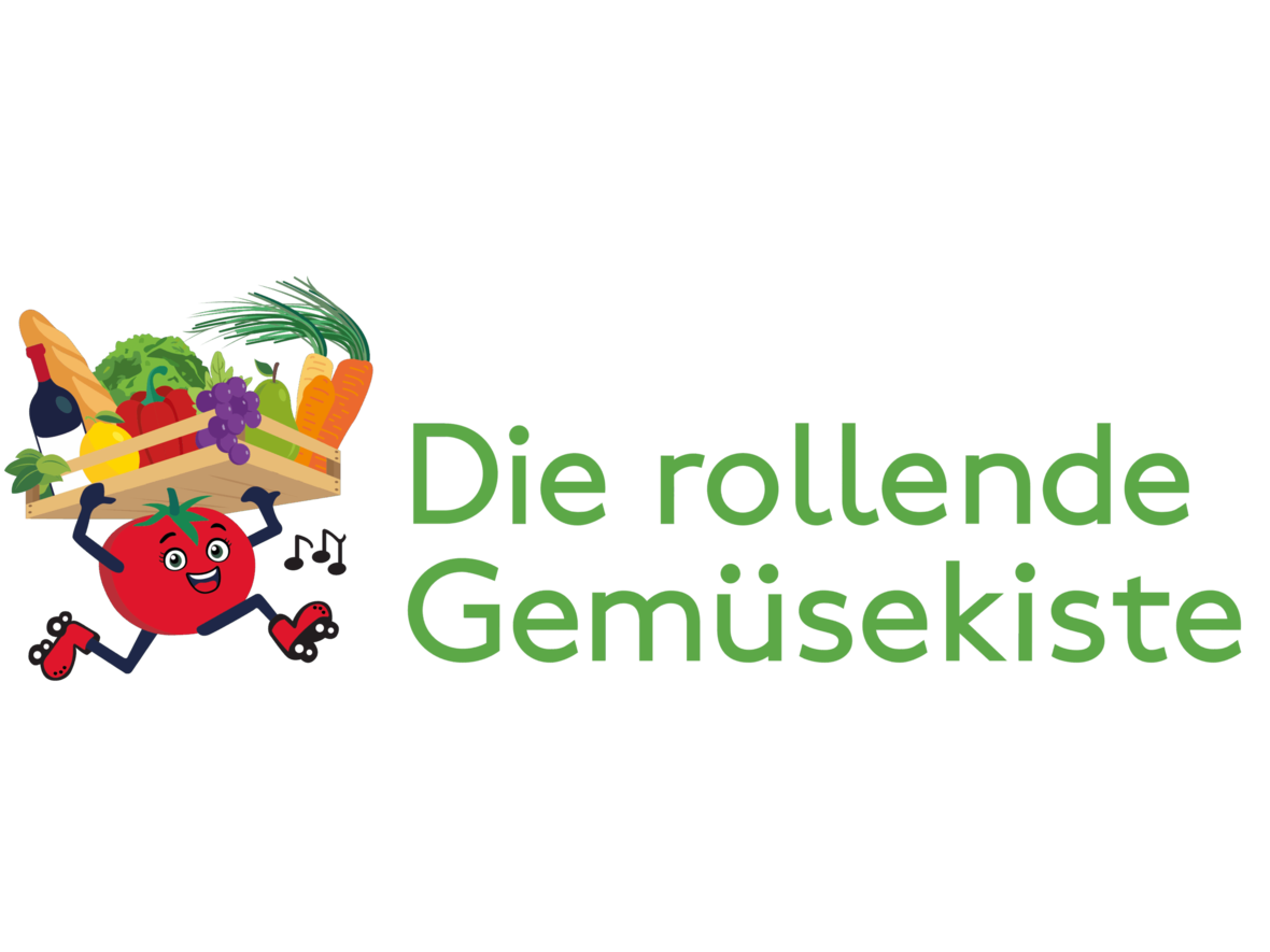 Das Logo der rollenden Gemüsekiste zeigt eine Illustration einer Tomate auf Rollschuhen, welche eine Gemüsekiste trägt.