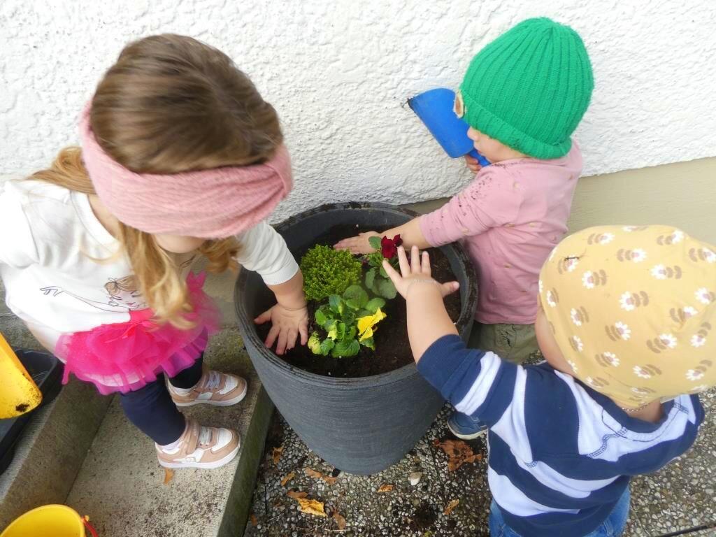 Drei Kinder pflanzen Blumen in einen großen Blumentopf und lernen dabei Gartenarbeit.